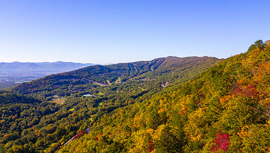 A drone view of the mountain area of Massanutten Resort in VA